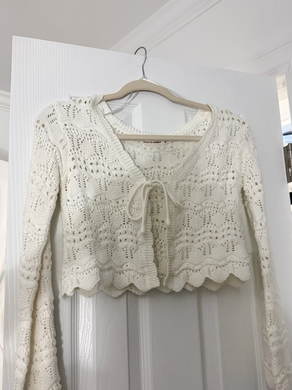 moon & madison Cream Crochet Tie-Front Sweater